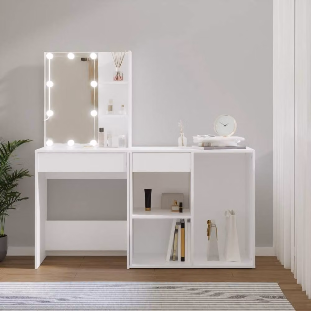 Berkfield Home Hollywood LED Dressing Table with Cabinet in White Matt MDF – 2