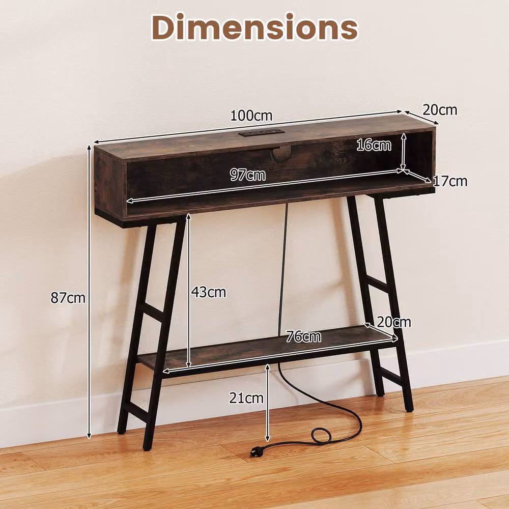 Costway 3-Tier Industrial Console Table with LED Light in Brown – 2