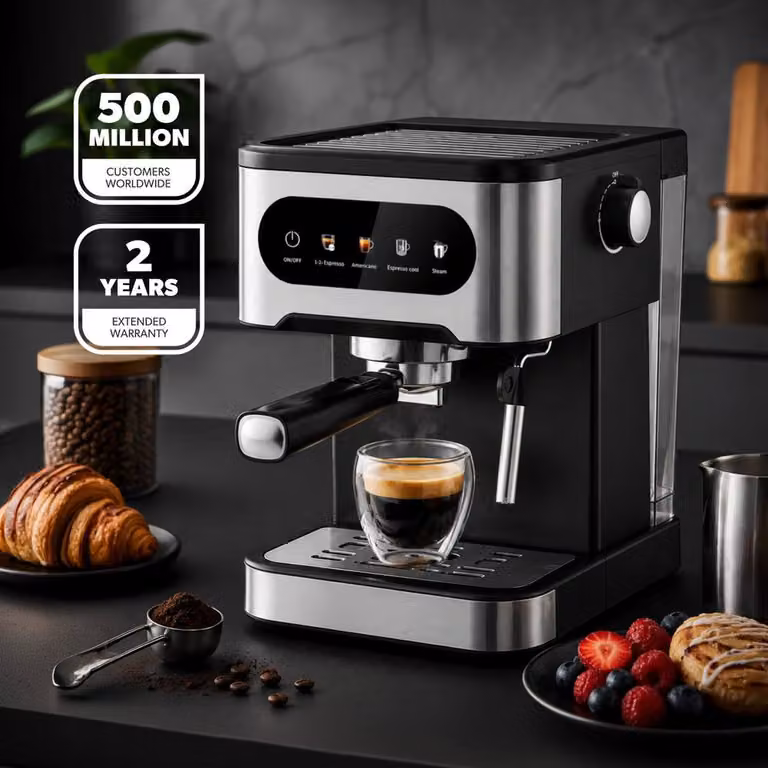 Geepas 20-Bar Espresso Coffee Machine with Integrated Milk Frother and 1.5 l Water Tank in Silver