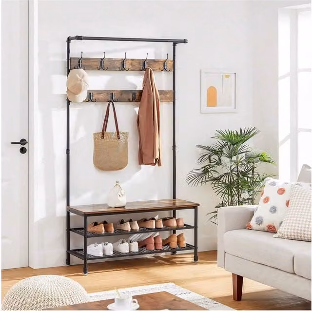 VASAGLE Industrial Hall Tree with Bench and Dual Hook and Rail Matrix in Bronze and Brown