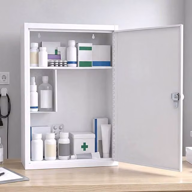 Levede Lockable Wall Mounted Medicine Storage Cabinet, White Metal, W/D/H: 39.0 x 32.5 x 14.0 cm