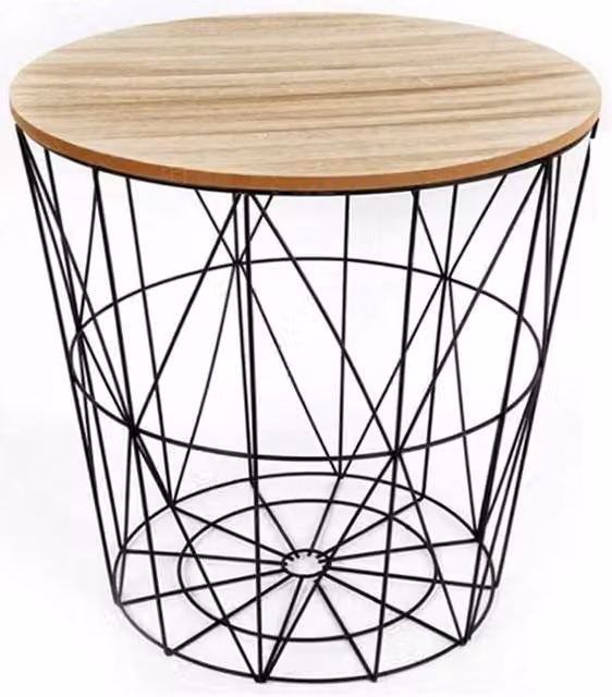 VOGREX Modern Round Black Metal Wire Side Table with Wooden Top and Storage Basket – 1