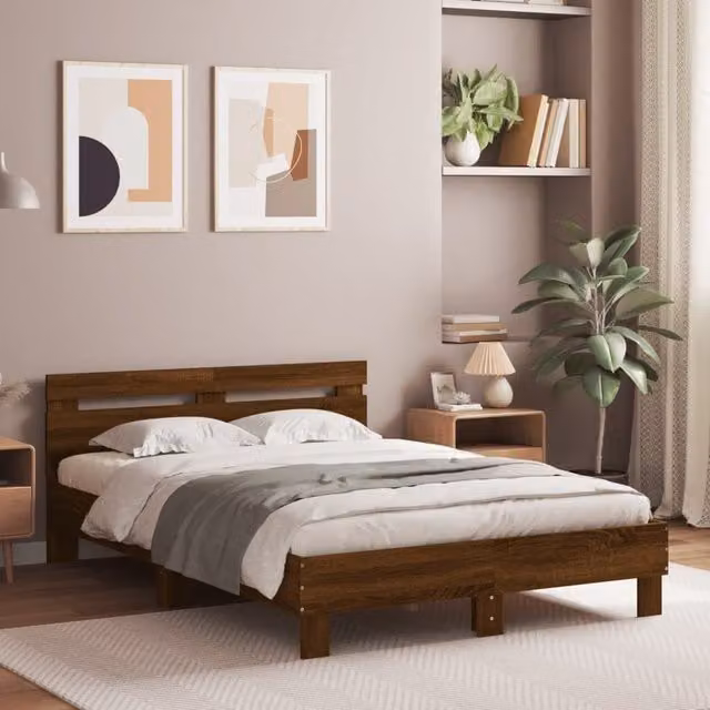 Berkfield Home Small Double Bed Frame in Brown Oak with LED Under-Bed Lighting and USB Charging Port, W/D/H: 120 x 190 cm – 1