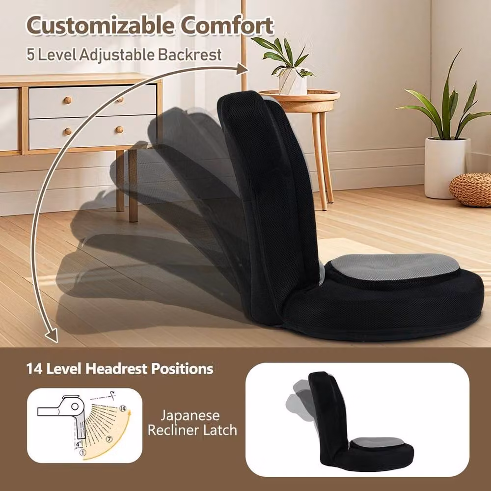 KORVIXA Black Fabric Floor Chair with Adjustable Headrest, W/D/H: 100 x 100 x 100 cm – 3