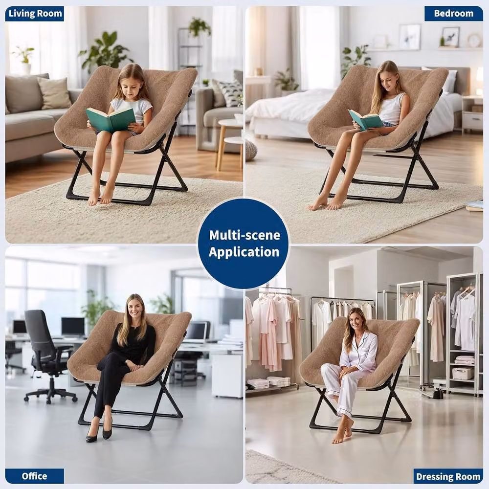 London Boutique Brown Folding Saucer Lounge Chair with Ottoman and Metal Frame – 4