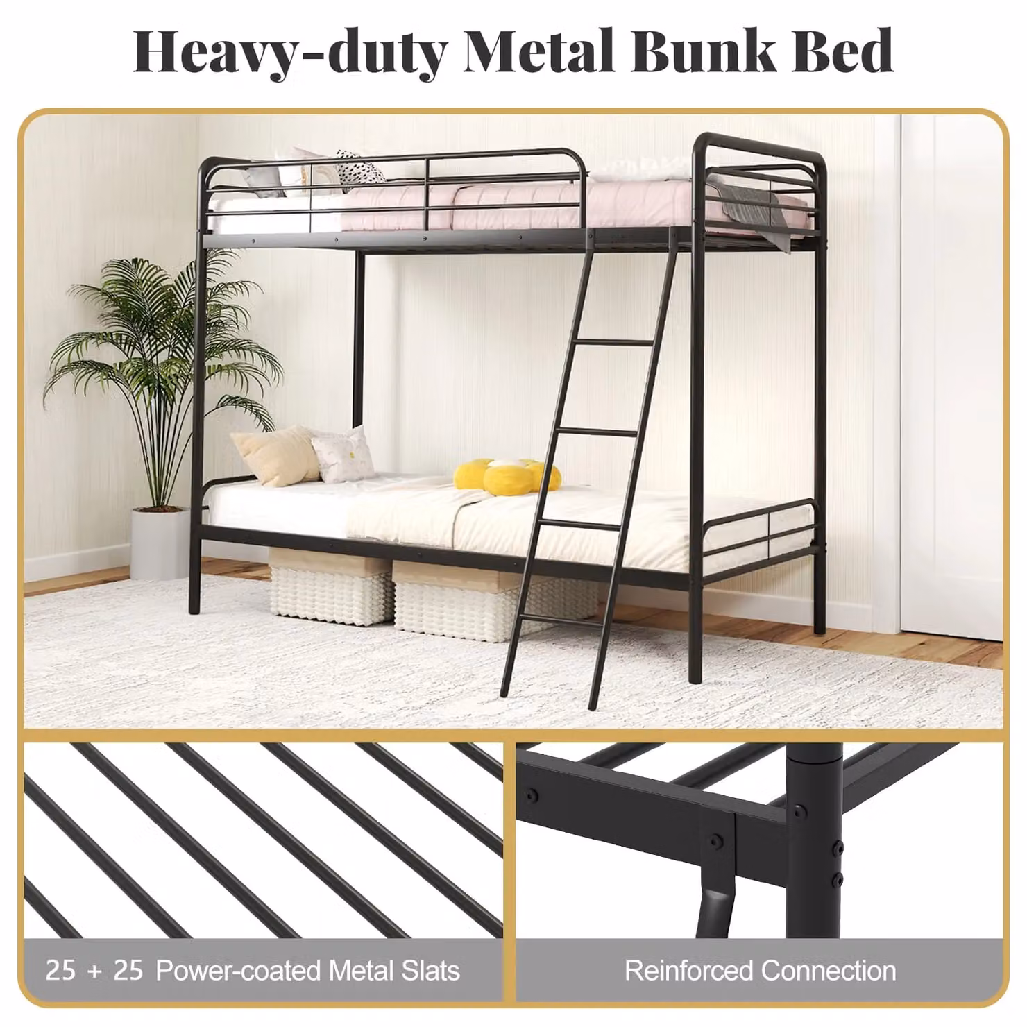 Gymax Heavy Duty Metal Single Over Single Bunk Bed with Ladder in Black – 7