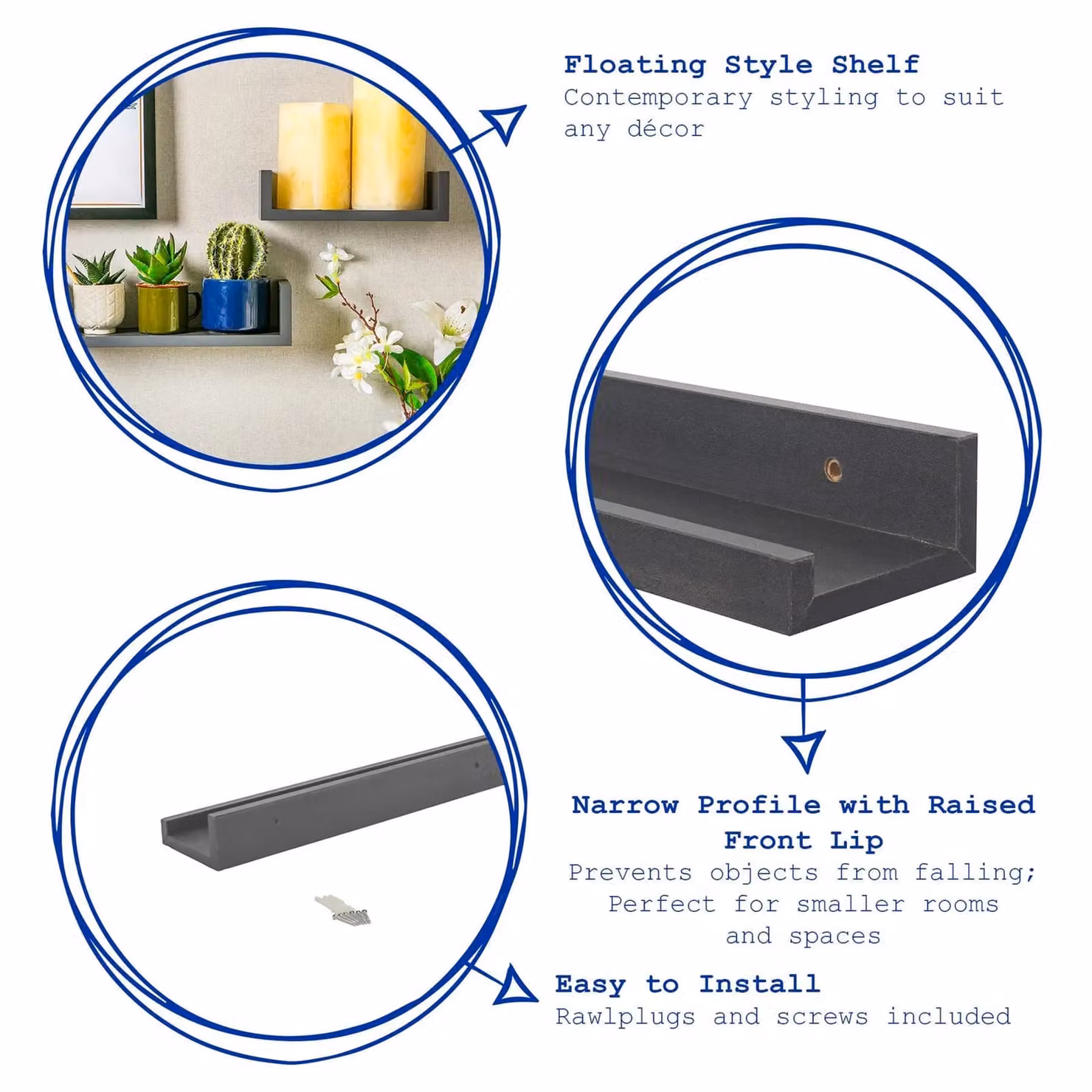 Harbour Housewares Set of 3 Grey Wall Mounted Floating Picture Ledge Shelves, Width: 57 cm – 2