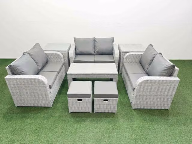 Fimous 8 Seater PE Wicker Rattan Garden Furniture Set in Light Grey with Oblong Coffee Table, 2 Seater Sofa, 2 Ottomans and 2 Side Tables