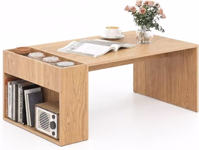Gymax Double-Layer Rectangular Coffee Table in Brown Wood