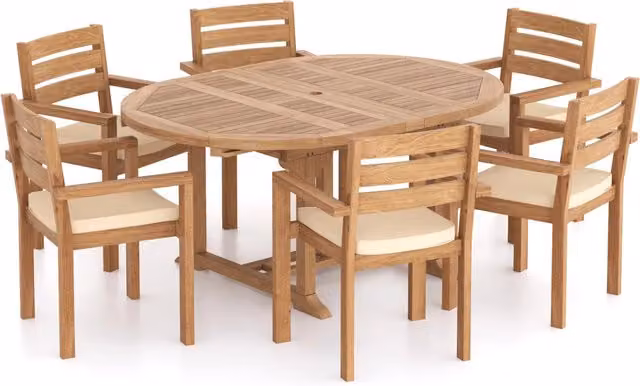 Eterna St.Ives Teak Garden Dining Table and 6 Chair Set with Green Cushions in Brown and Green