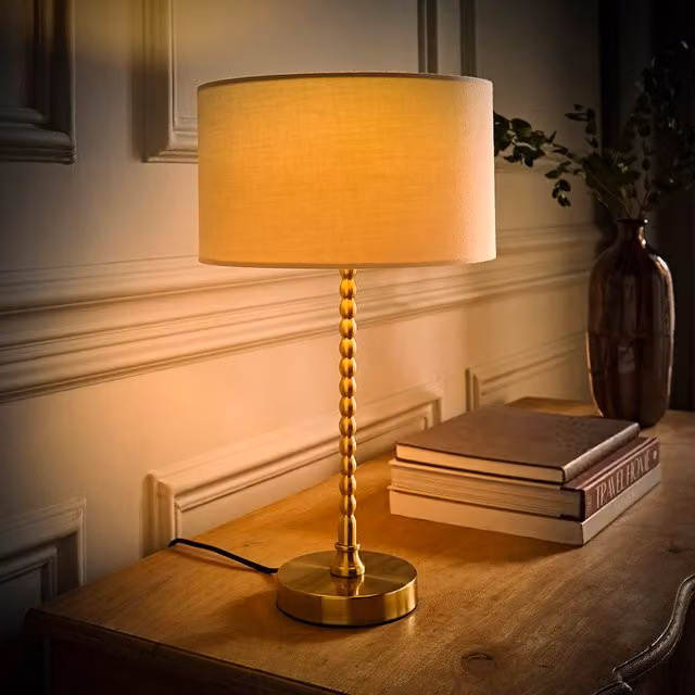 Maeve Brushed Gold Bobble Table Lamp with White Fabric Drum Shade and LED Bulb