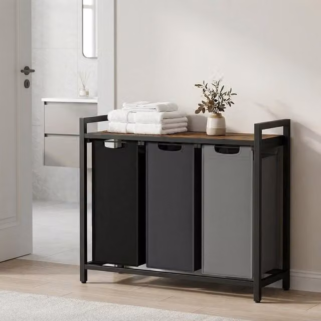 VASAGLE 3-Compartment Laundry Basket with Removable Fabric Liner Bags, Black