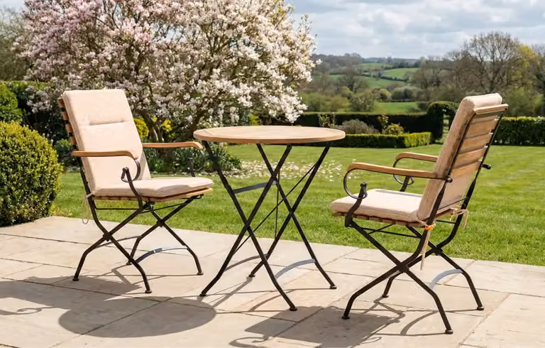 MINT Outdoor Sicily 2 Seater Garden Dining Set with Teak and Wrought Iron Round Table, Sand