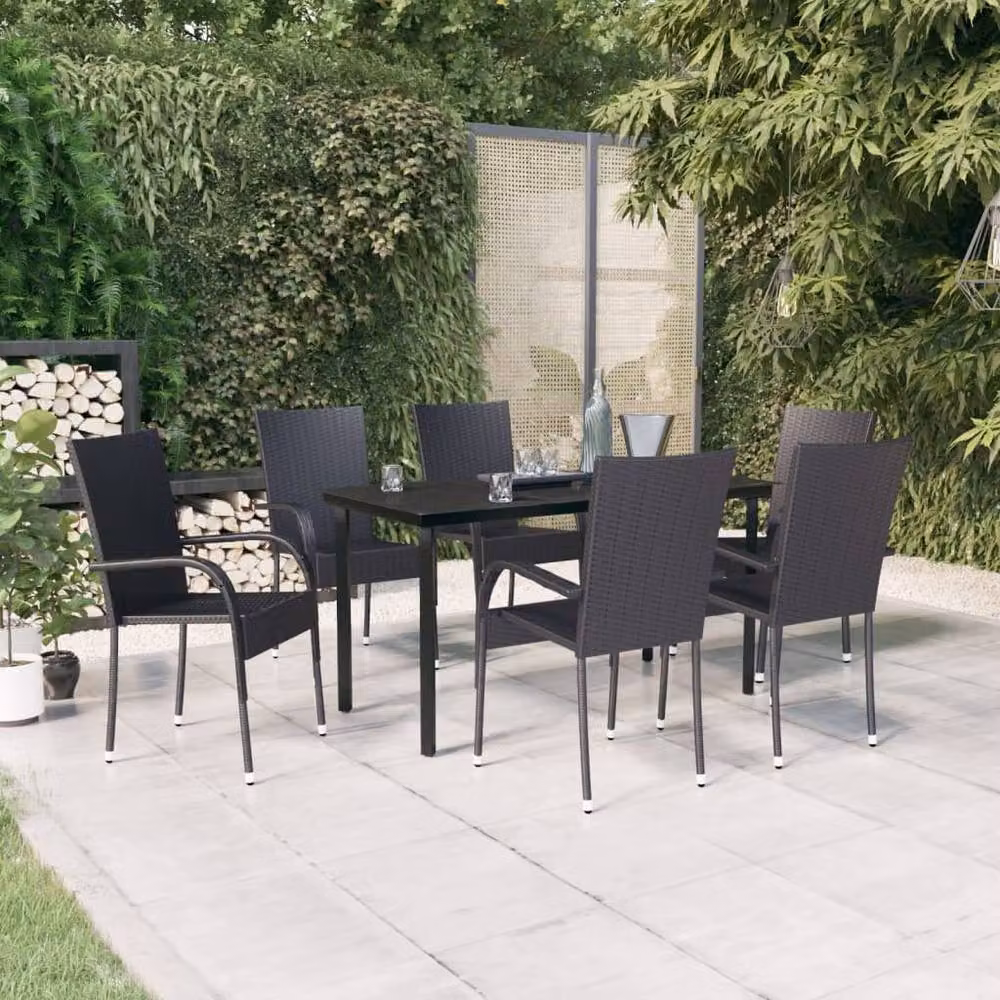 Berkfield Home 7 Piece Modern Outdoor Dining Set in Black Rattan and Glass – 2