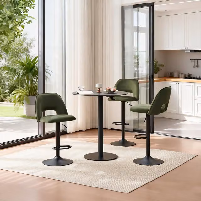Sonara Modern Swivel Bar Stools with Padded Green Velvet Seats and Metal Base