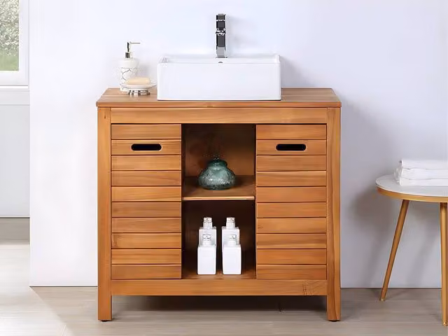 Vente-unique PULUKAN Acacia Wood Bathroom Unit with Single Basin in Walnut, W/D/H: 90 x 50 x 83 cm
