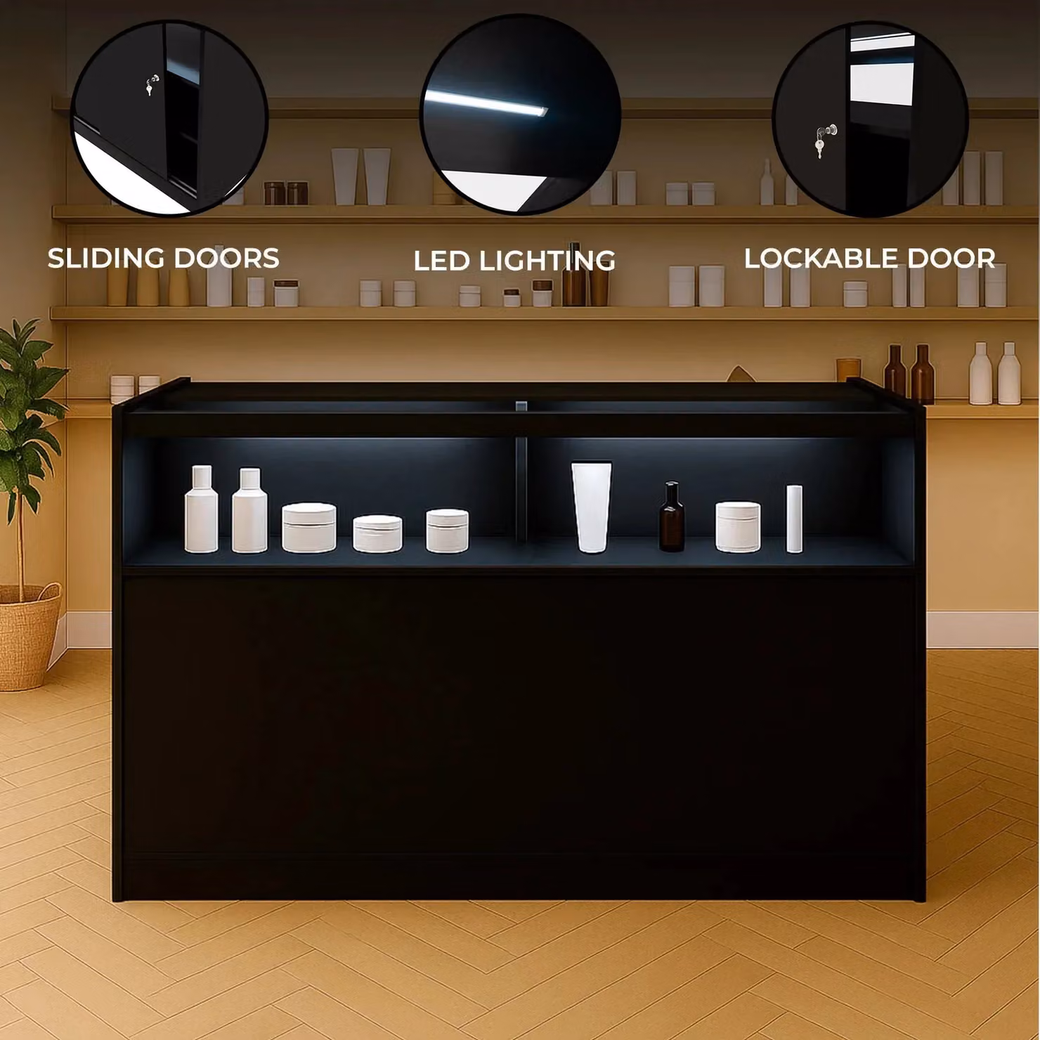 Monstershop B1500 LED Retail Shop Counter in Black with Glass Sliding Doors and Integrated Lighting – 1