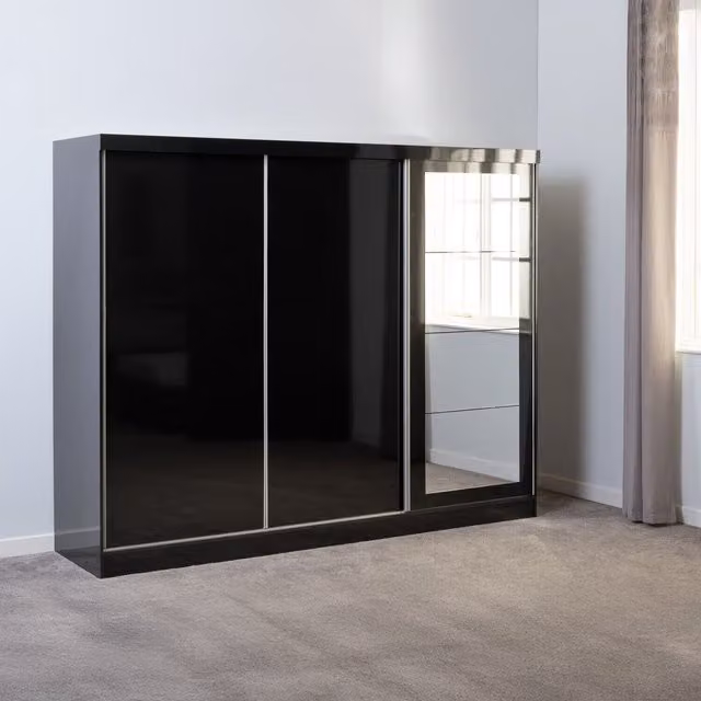 Seconique Modern Black Gloss Sliding Door Wardrobe Replacement Doors with Mirror
