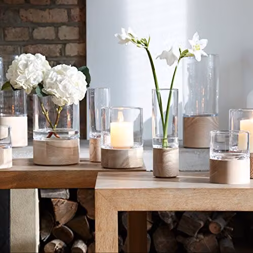 LSA International Lotta Vase/Lantern in Clear Glass with Ash Wood Base, H62 x W27 x D22 cm – 2