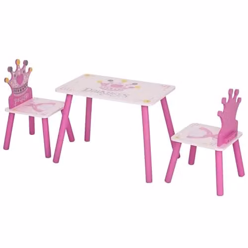 HOMCOM 3 Piece Kids Princess and Crown Table and Chair Set, Pink, W/D/H: 42 x 55 x 34 cm – 1