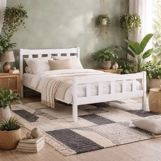 Wyld Haus Tralee White Washed Solid Pine King Bed with Slatted Headboard and Footboard – 1