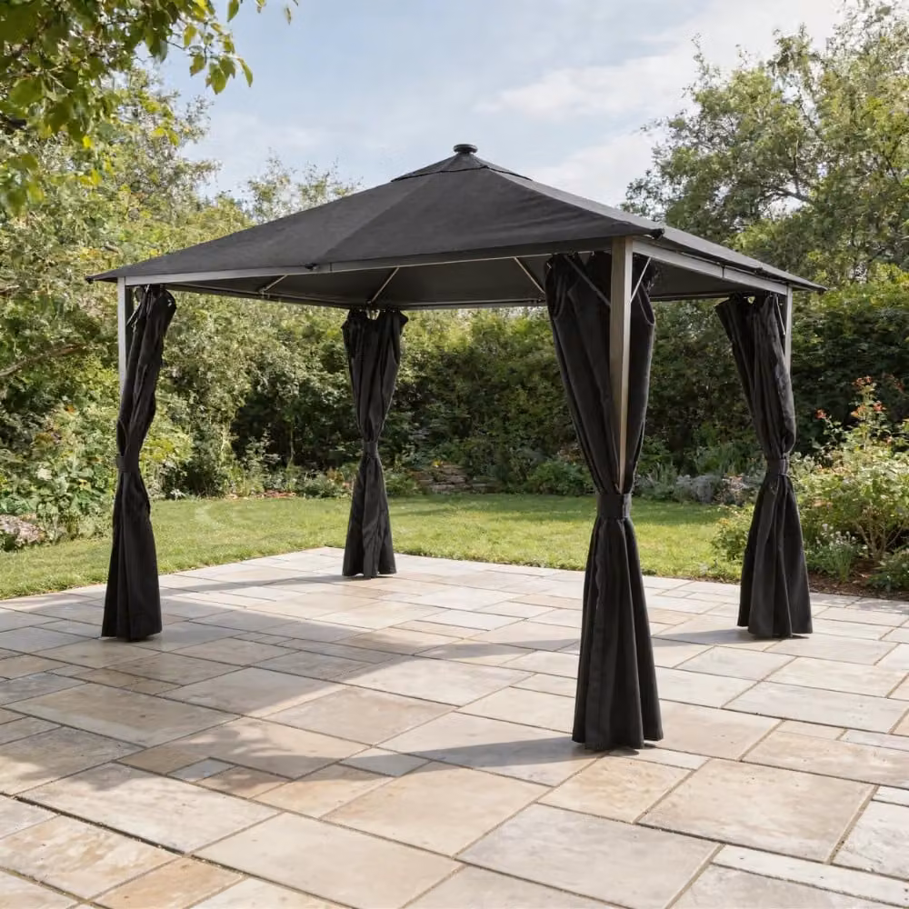 Leisure Grow Savannah Birch 4 x 3m Fabric Gazebo with Solar Lights in Grey and Black