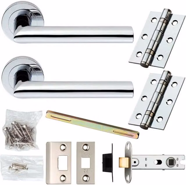 Loops Chrome Modern Straight Round Door Handle and Latch Pack with Screwless Round Rose