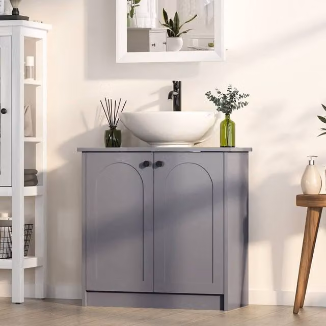 KEEPREAPER Mid-Century Grey Freestanding Bathroom Cabinet with Soft Close Hinged Doors and Open Shelf – 1