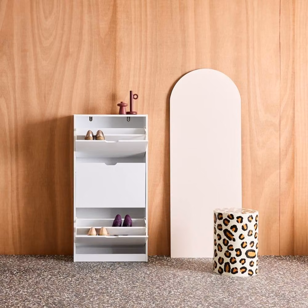 sweeek Modern White Wood Shoe Cabinet with 3 Drawers and Hinged Doors, W/D/H: 60.0 x 23.5 x 119.5 cm – 1