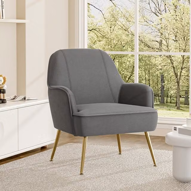 Livingandhome Modern Grey Velvet Armchair with Gold Legs and Armrests
