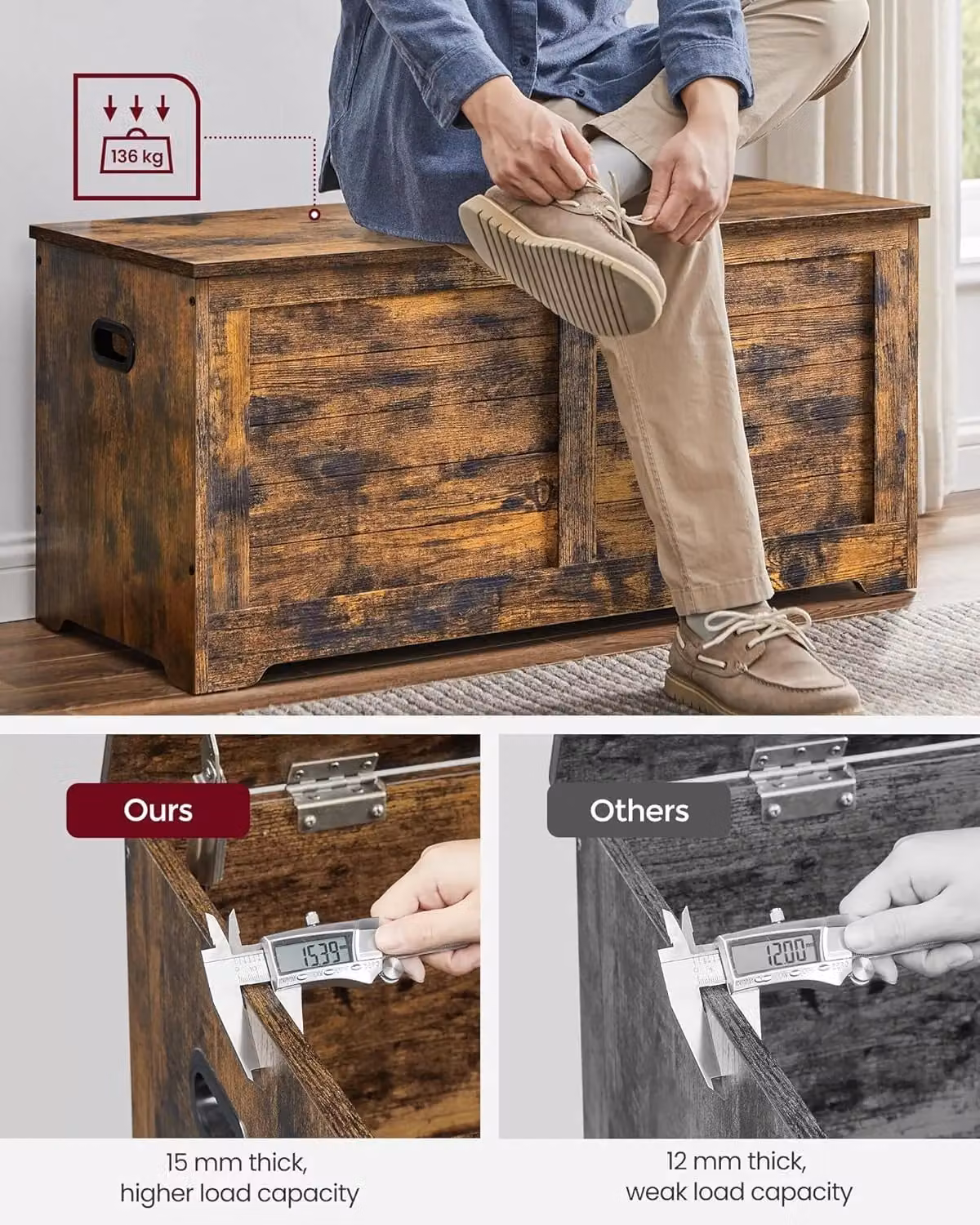 VASAGLE Large Farmhouse Storage Bench and Blanket Box Chest in Brown – 5