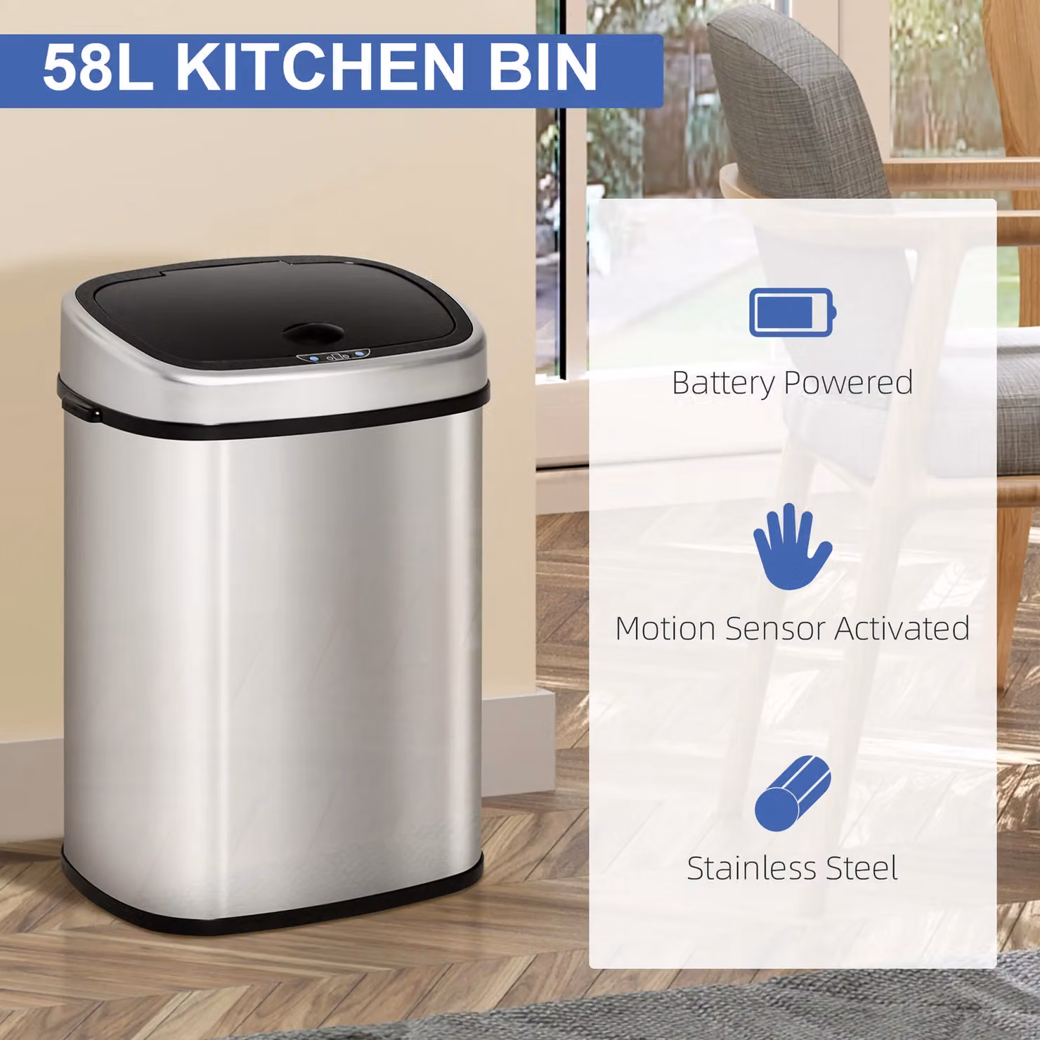 HOMCOM Sensor Waste Bin, Stainless Steel, Silver, 68.0 l – 8