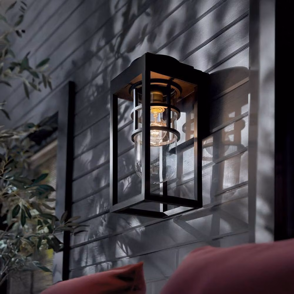 Kichler Hone Small Outdoor Wall Lantern in Black with Transparent Glass, IP44 Rated, E27 Socket – 2
