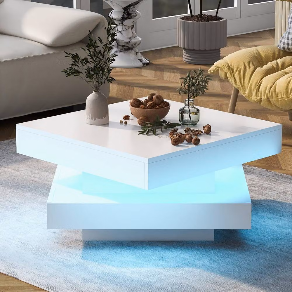 STILVORA Modern Square Coffee Table with Rotating Top in White, W/D/H: 70 x 70 x 36 cm – 2