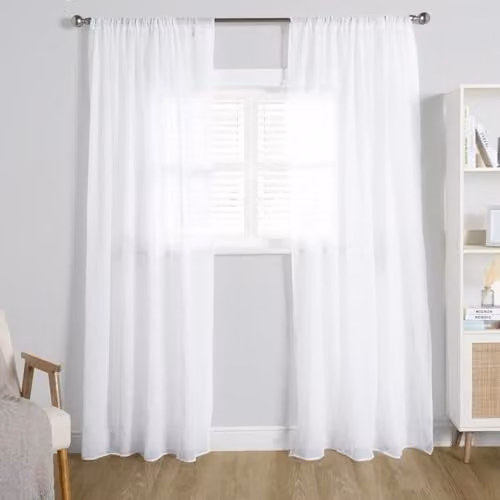 OHS White Linen Look Voile Curtains, Transparent Polyester Fabric Panel, Width: 140 cm, Height: 220 cm