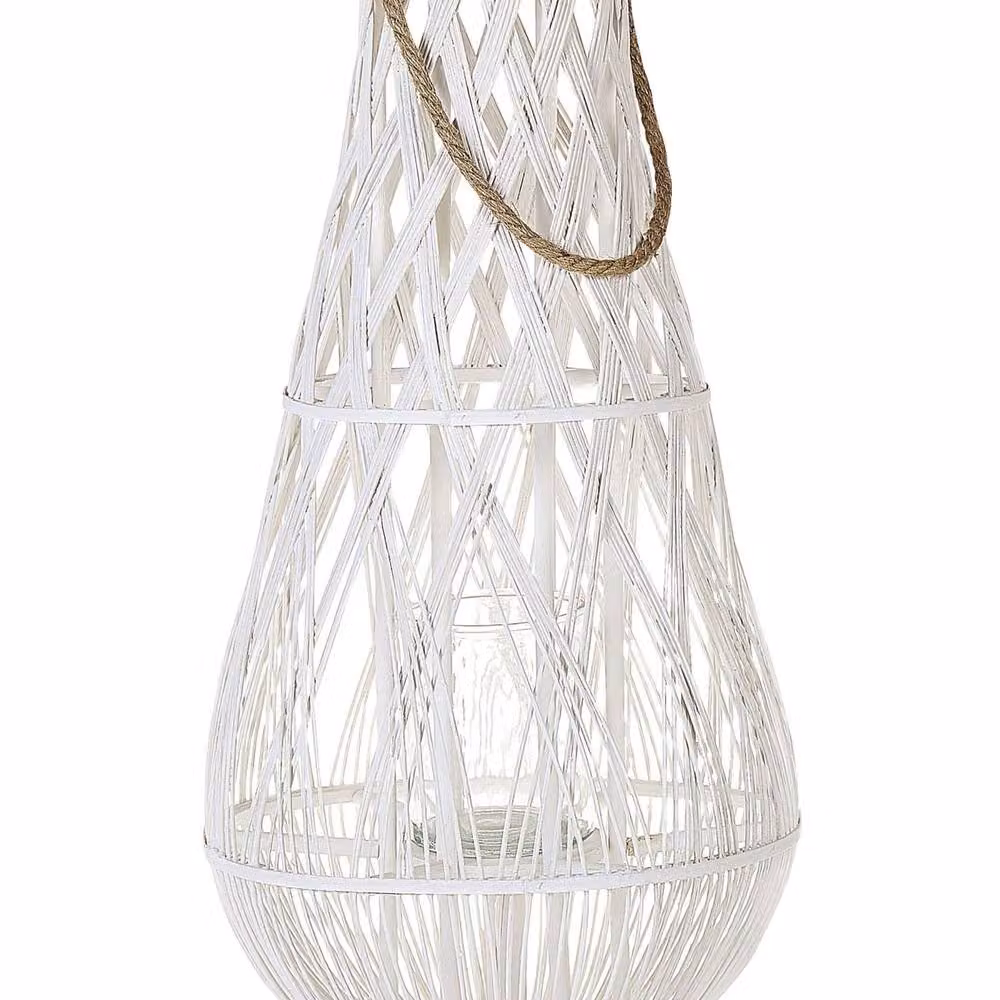 Wyld and Coco White Bamboo and Glass Lantern for Indoor and Covered Outdoor Use, Height: 75 cm – 2