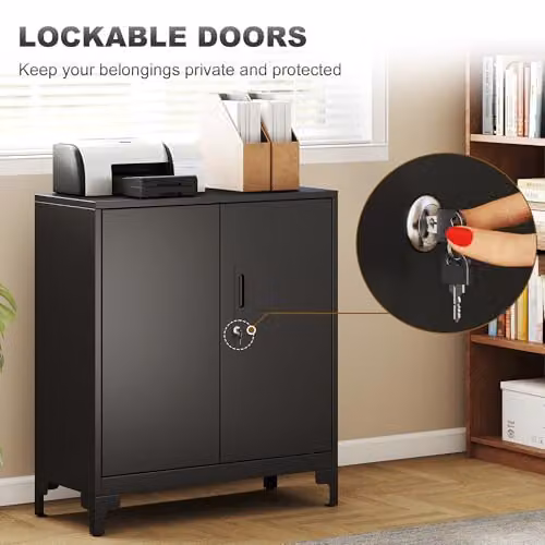 HOMCOM Lockable Metal Filing Cabinet with 2-Tier Storage and Hinged Doors, Black, W: 80 cm, D: 35 cm, H: 91 cm – 5