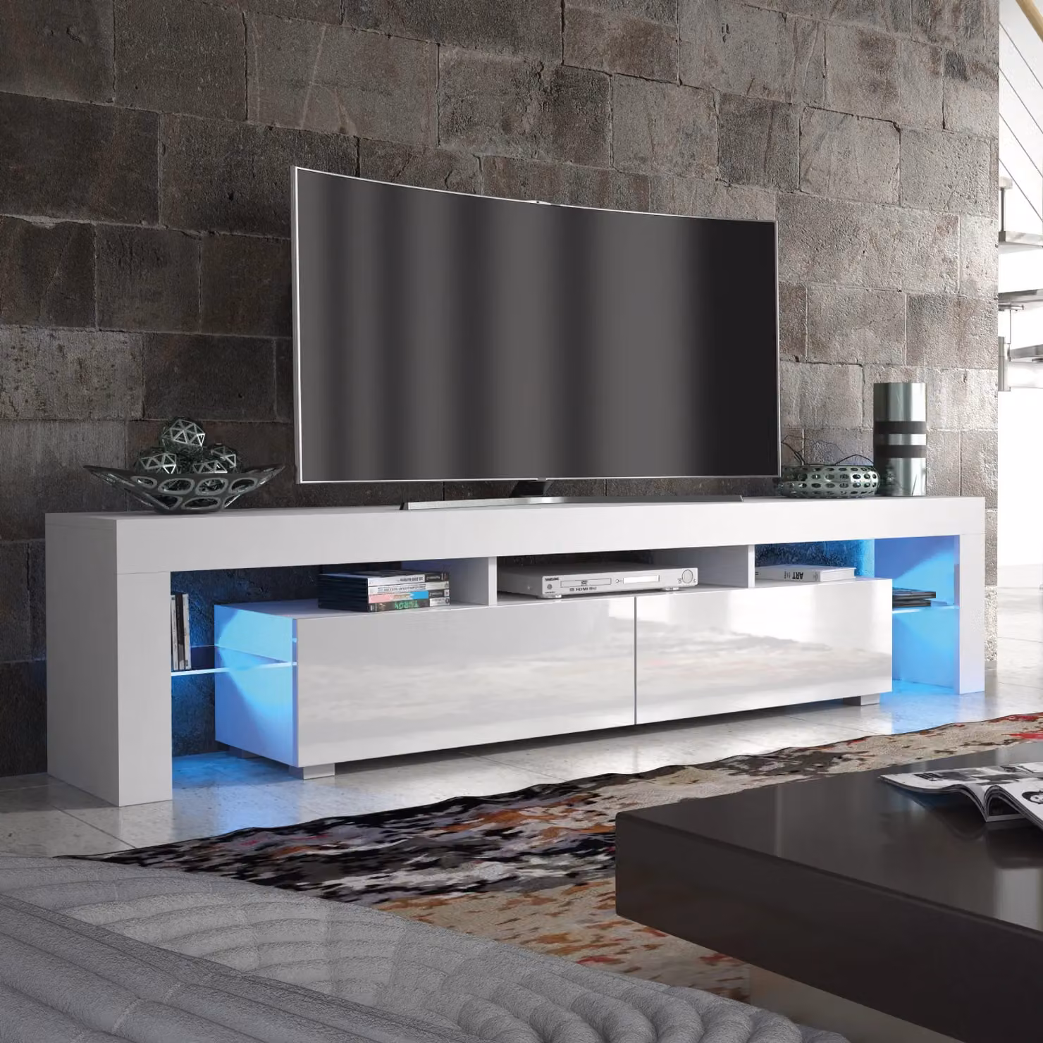 Creative Furniture Modern Glossy TV Unit and Sideboard Cabinet in White, W/D/H: 200 x 45 x 35 cm – 3