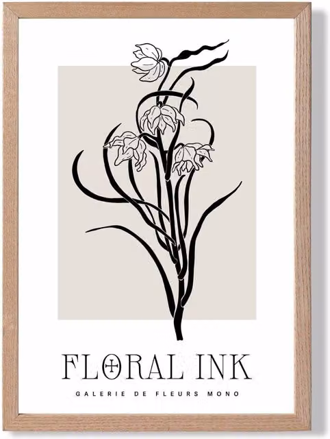 ARTZE Black and Beige Daffodils Floral Ink Sketch Framed Print with Oak Frame