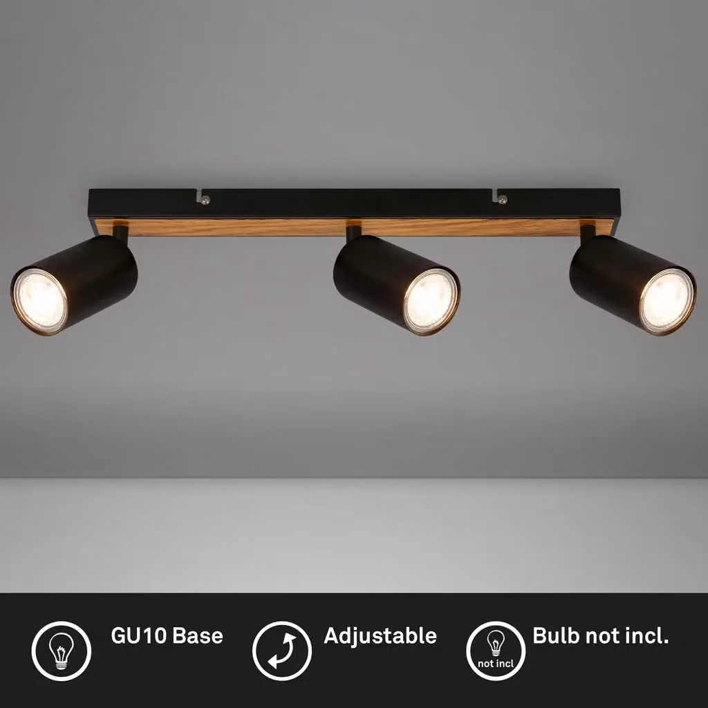 Briloner Modern Black Metal and Wood 3-Light LED Ceiling Spotlight with Adjustable GU10 Bulbs – 2