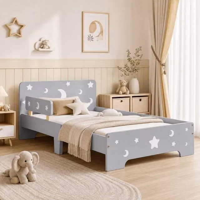 STILVORA Toddler Bed with Side Rails in Grey, W/D/H: 80 x 160 cm