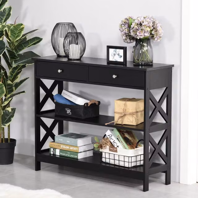 HOMCOM Modern Black Table Sofa Desk with Shelves and Drawers for your Living Room, Bedroom or Hallway