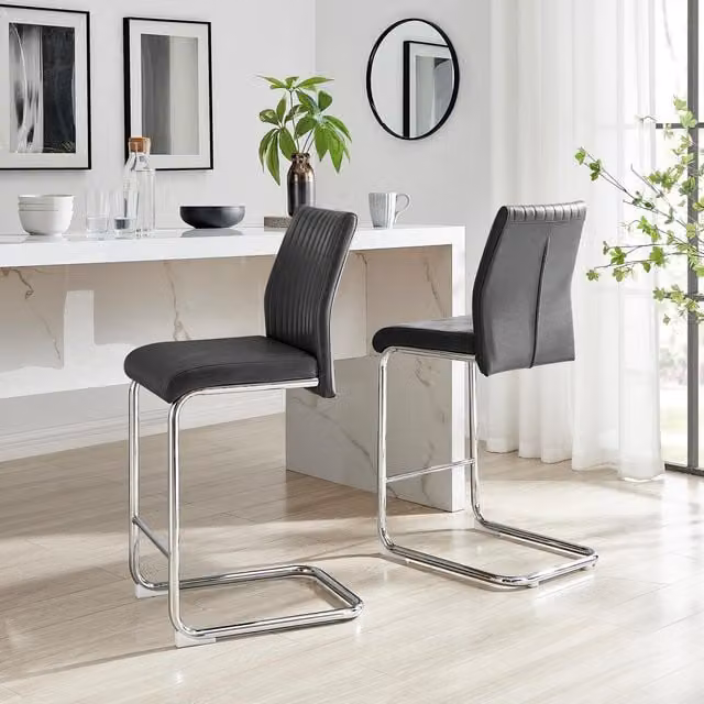 FurnitureboxUK Lorenzo Set of 2 Faux Leather and Metal Counter Stools in Black and Silver – 1