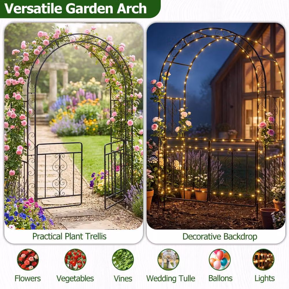 Gymax Metal Garden Archway Arbour with Lockable Doors and Plant Trellis, Black, H 213.0 x W 135.0 x D 60.0 cm – 6