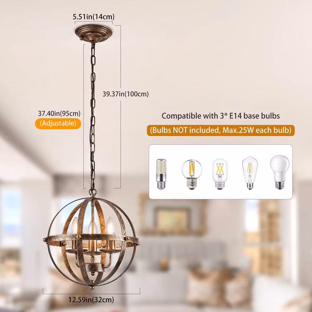 NIVOR 3 Light Industrial Globe Vintage Chandelier Spherical Pendant in Gold/Brass with Transparent Glass Shades and E14 Base – 2