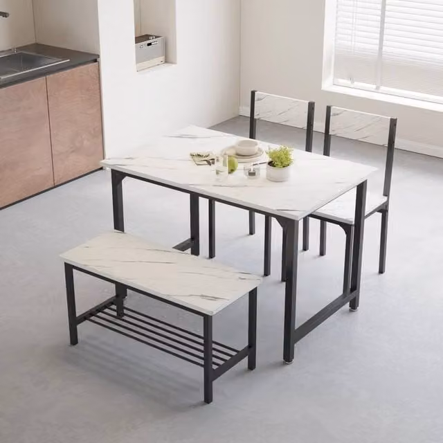 VOGREX White 4-Piece Modern Dining Set with Rectangular MDF Table, Bench and Chairs – 1
