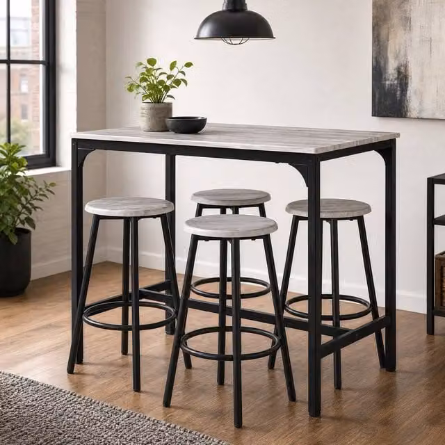 STILVORA Bar Table and 4 Stools Set in Grey and Black with Wood and MDF Structure – 1
