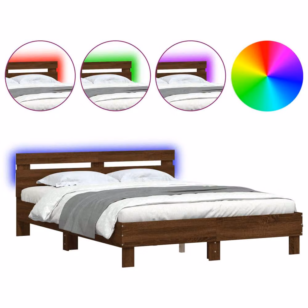 Berkfield Home Durable Bed Frame with LED Under-Bed Lighting in Brown Oak, W/D/H: 140 x 190 x 70 cm – 3
