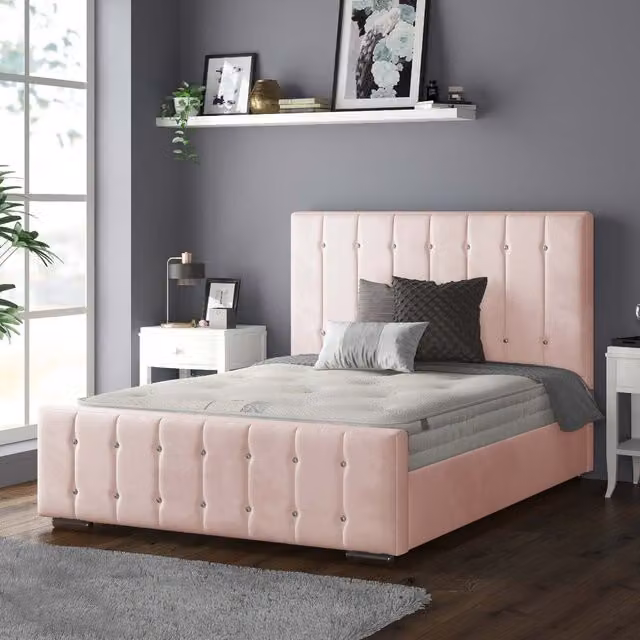 IH Design Anastasia Striped Plush Velvet Upholstered Bed Frame, Pink, W: 140 cm, L: 200 cm