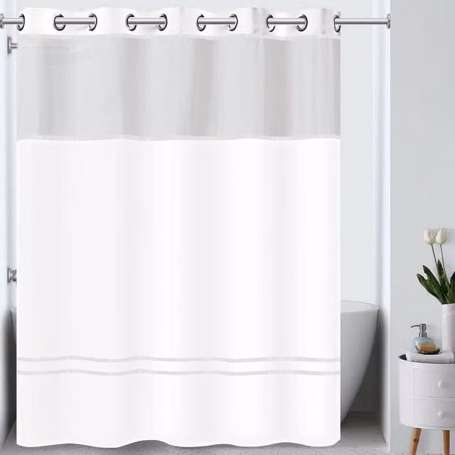 FLAVORA 3-in-1 Luxury Fabric Hookless Shower Curtain with Flex Rings and Snap Liner, White, W/H: 60 x 100 cm